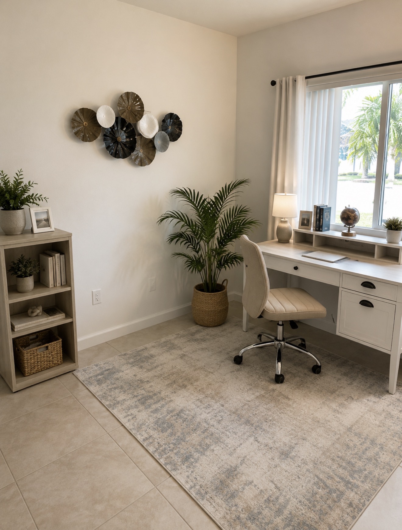 Bright home office nook with built-in desk and sliding glass door
