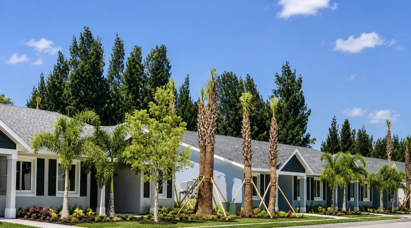 Row of one-story villas with palm trees at Edwards Landing in Fort Pierce, Florida