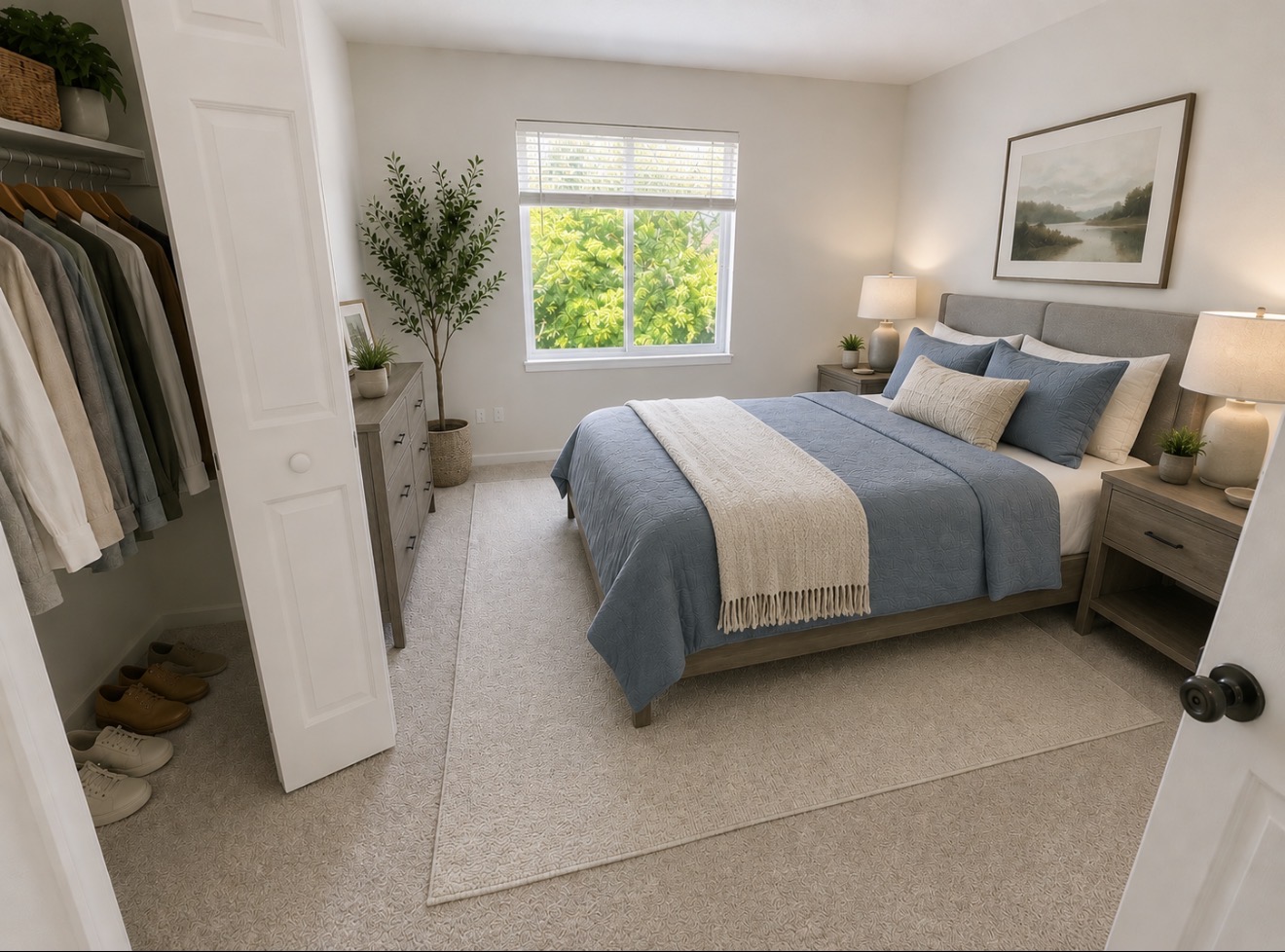 Bright, comfortable bedroom with closet and large window