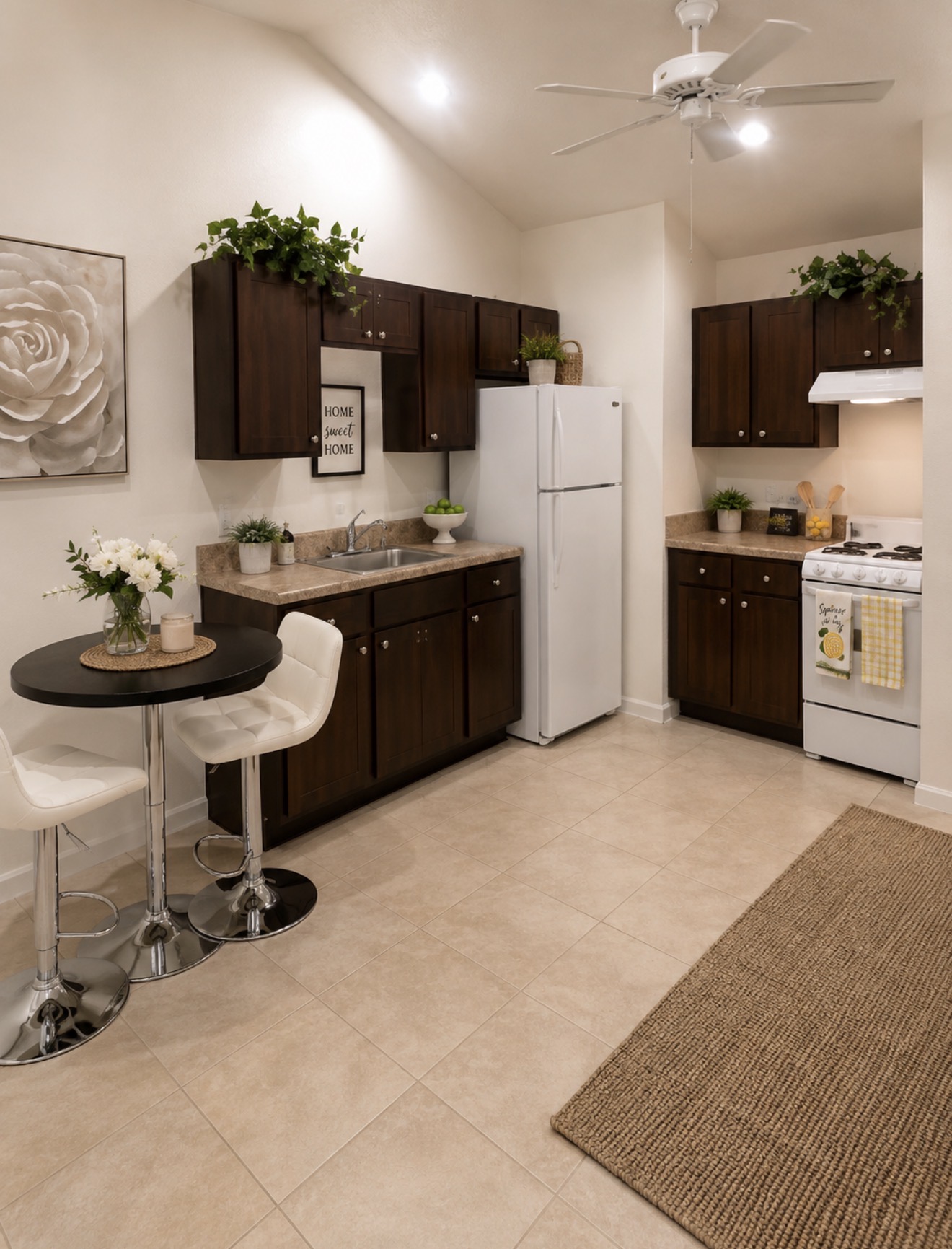 Villa kitchen with dark wood cabinets, full appliances, and dining nook