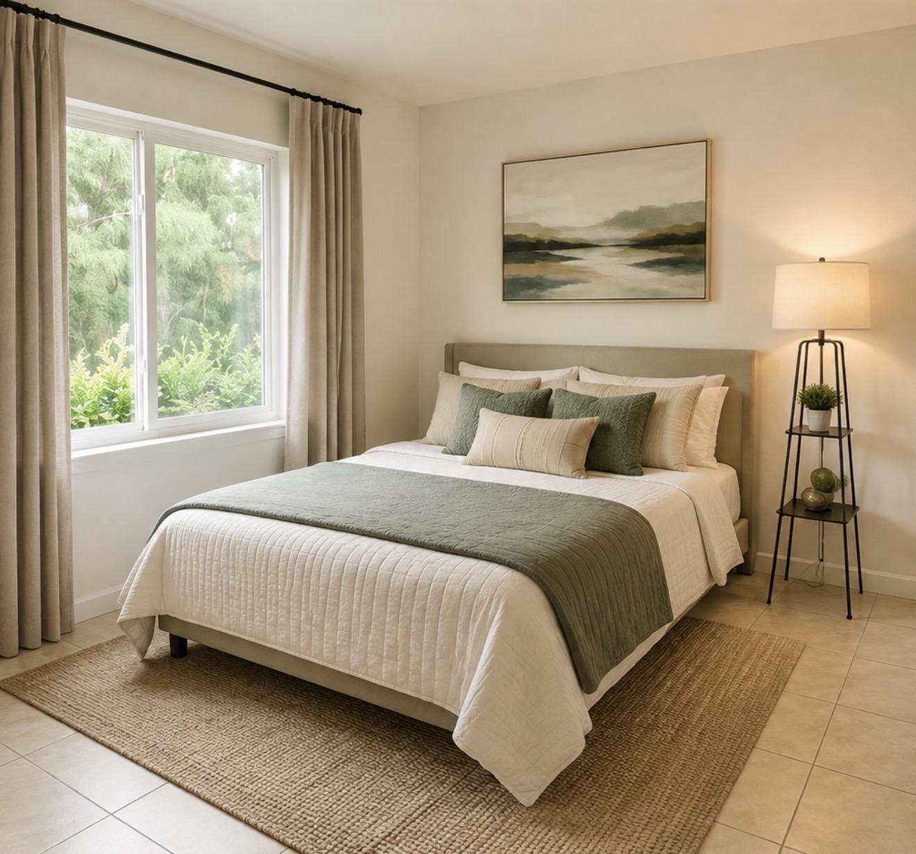 Bright, comfortable bedroom with closet and large window