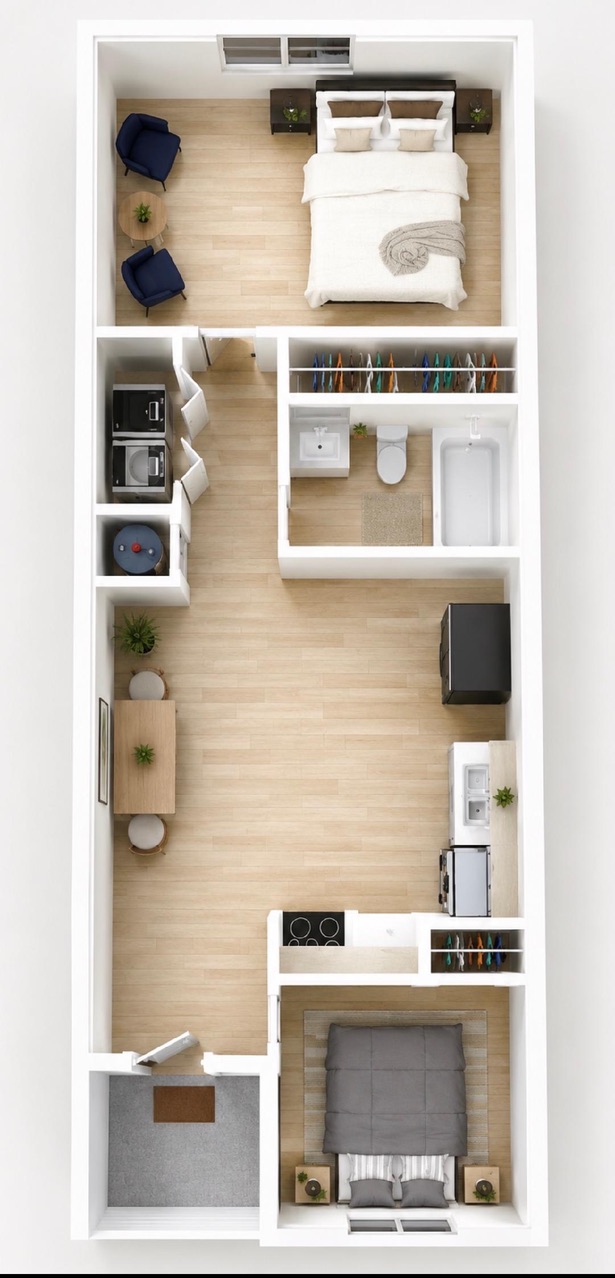 Two bedroom villa floor plan with bedrooms, kitchen, and living space