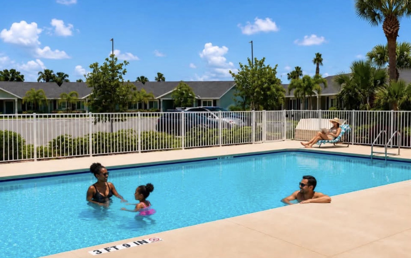 Residents enjoying the community pool at Edwards Landing